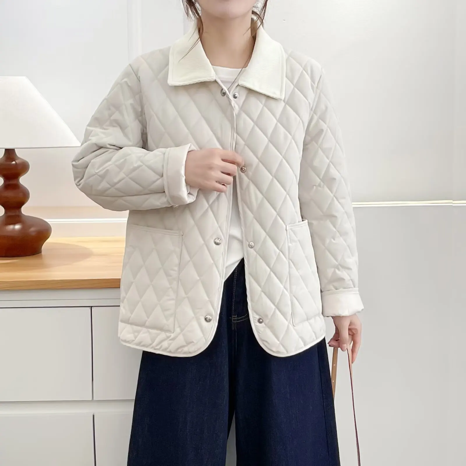 XXXXL Fashion Plus Size Women's Parkas New Winter Korean Style Stylish Simple Lapel Argyle Jacket Casual Warm Padded Coat 1058