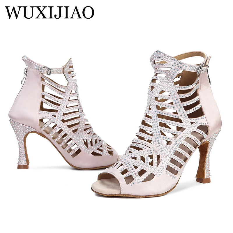WUXIJIAO Latin Dance Shoes for Women Dance Shoes Cuban Ballroom Dance Shoes Women's Dance Shoes Rhinestones Dancing Sandals