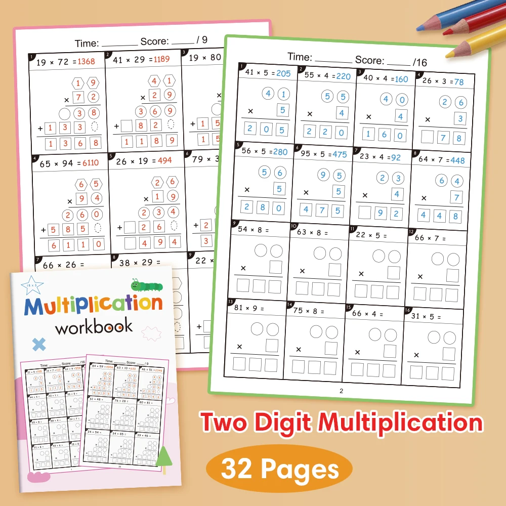 2 books Long Division Practice 2-digit Multiplication Worksheet Mathematical Operation Calculation Homework Workbook for student 6