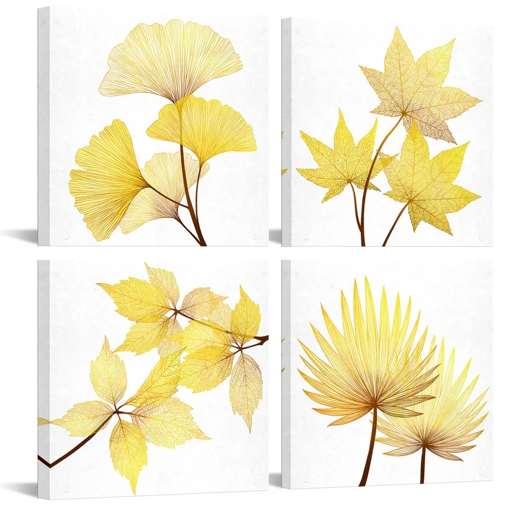 

4 Pieces Abstract Leaves Home Decor Poster Gold Leaves Print Canvas Painting Modern Style Pictures Living Room Wall Art