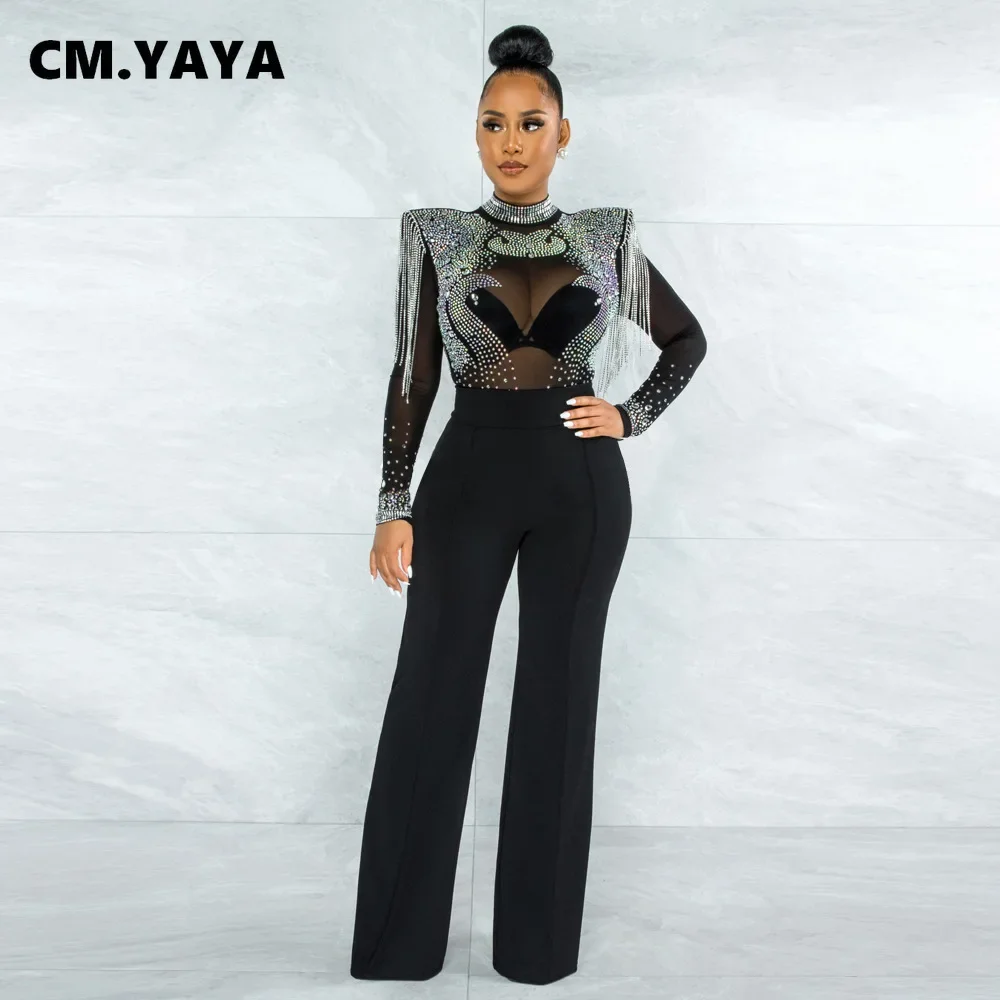 CM.YAYA Women Jumpsuit Solid High Collar Hot Drill Mesh Shoulder Cotton Long Sleeves Long Straight Jumpsuit Sexy Party Outfits 1