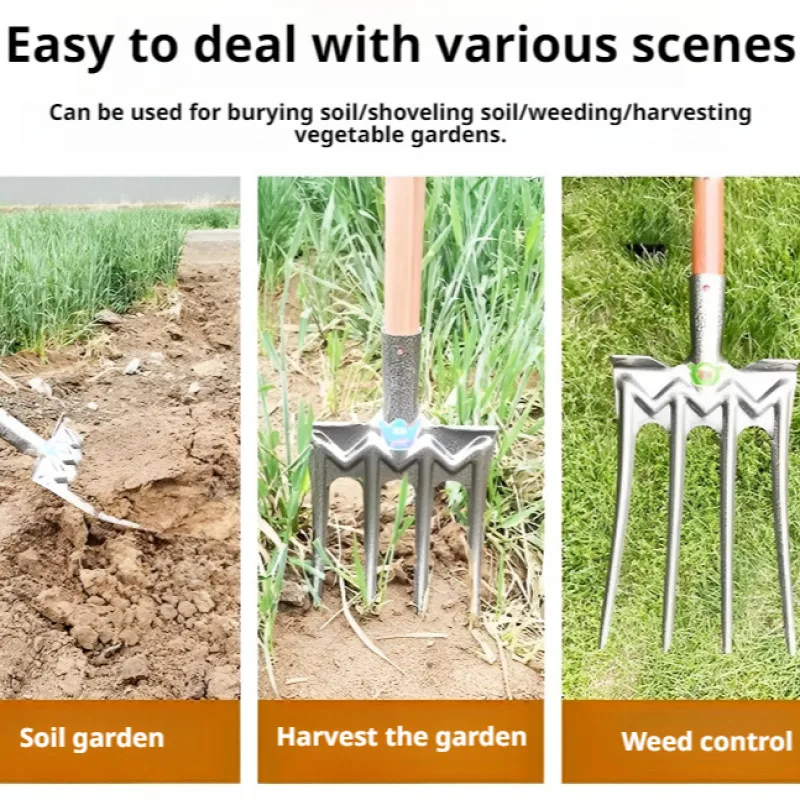 Agricultural tilling fourtooth steel farm equipment tilling soil digging and loosening wooden posts 6