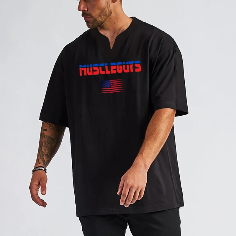 

Gym Mens Workout Fashion Oversize V-Neck Tshirt Summer Casual Fitness T Shirt Cotton Bodybuilding Muscle Short Sleeve T-shirt