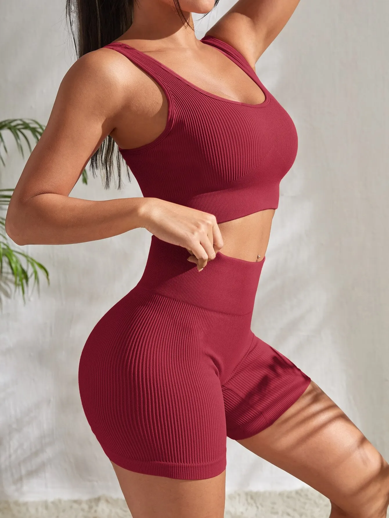 Ribbed Yoga Set: Women's Seamless Workout Outfit with Crop Tank & High Waist Shorts