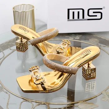 Women's slippers 2025 summer fashion Transparent belt metal decoration box shaped square Alien heel high heels wearing sandals 1
