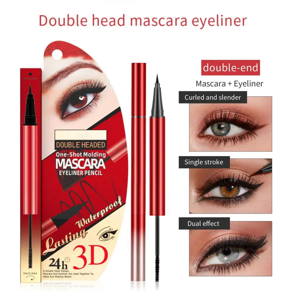 Double-ended 2 in 1 Mascara Eyeliner Pen 3D Lash Pencil Natural Long Lasting Waterproof Eyelash Thicken Lengthening Smudge-proof