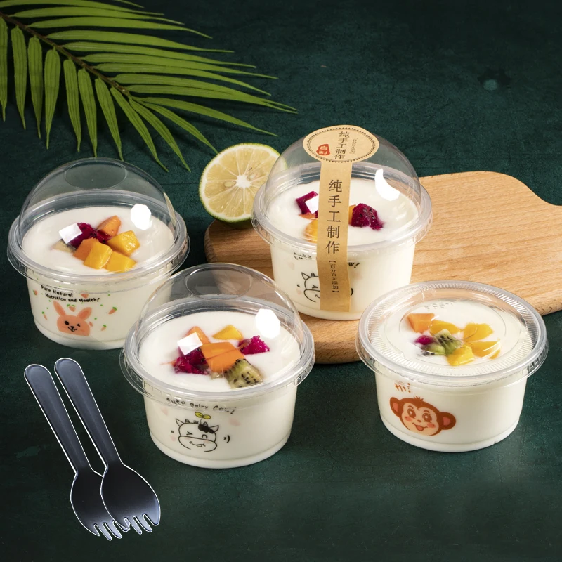 100pcs Pudding Cup Plastic Lid High Temperature Disposable Dessert Containers Box Spoon Baking
