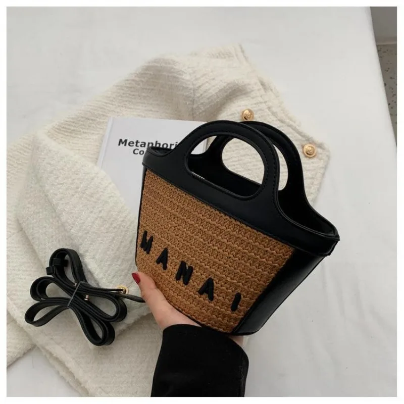 Handbags Crossbody Bags for Women Straw Woven Bag Spliced One Shoulder Basket Beach Bags Fashionable and Versatile Bucket Bag 4