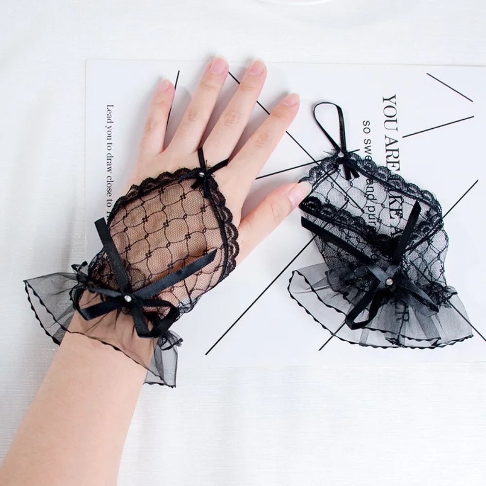 Gothic Short Black Gloves Female Harajuku Lace Bridal Wedding Halloween Lolita Dress Net Gauze Bow Hand Sleeve Fishnet Gloves