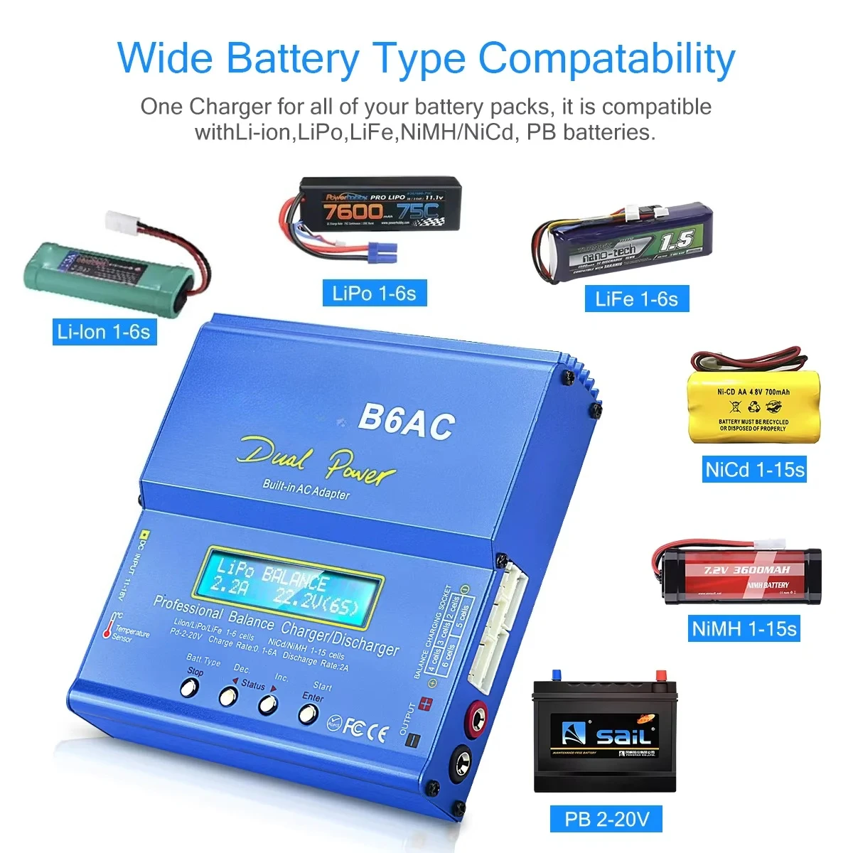 Écran du chargeur intelligent SkyRC B6 AC affichant les paramètres de charge