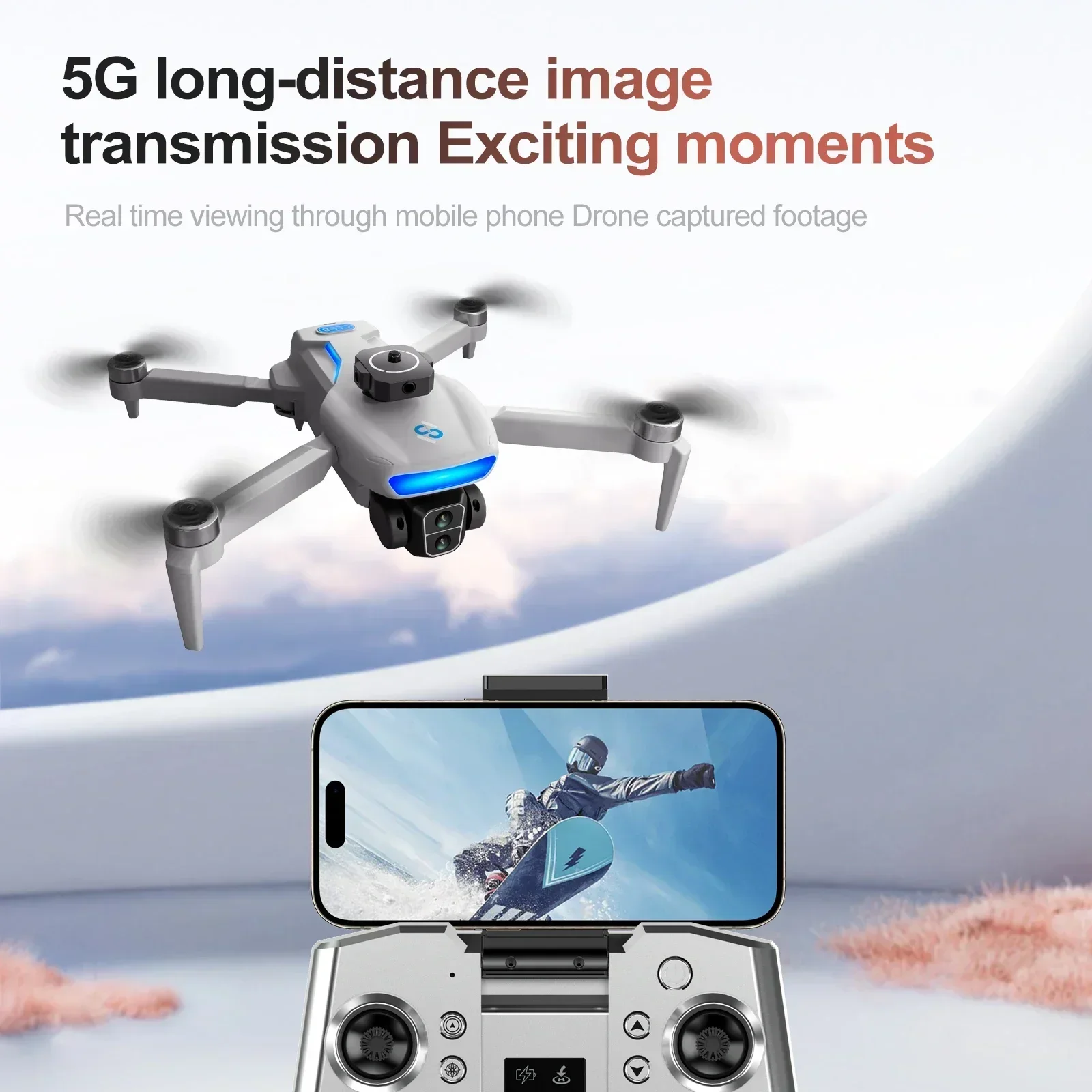 Drone GPS 8K S181 blanc en vol au-dessus d'un paysage, capturant une vue aérienne.