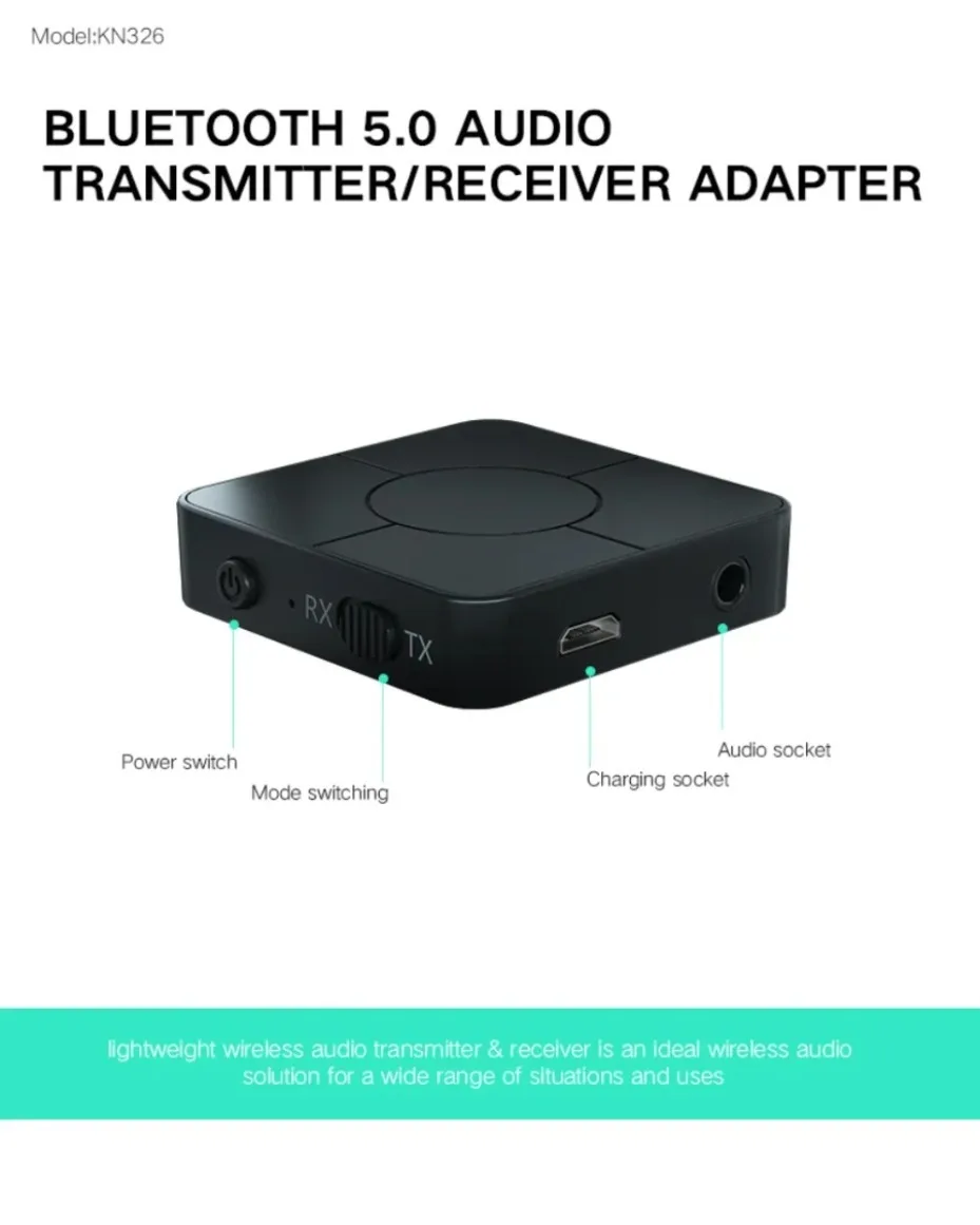 KN326 마이크가 장착된 블루투스 5.0 트랜시버 3.5mm AUX 스테레오 저지연 무선 오디오 어댑터, 자동차 PC에 적합