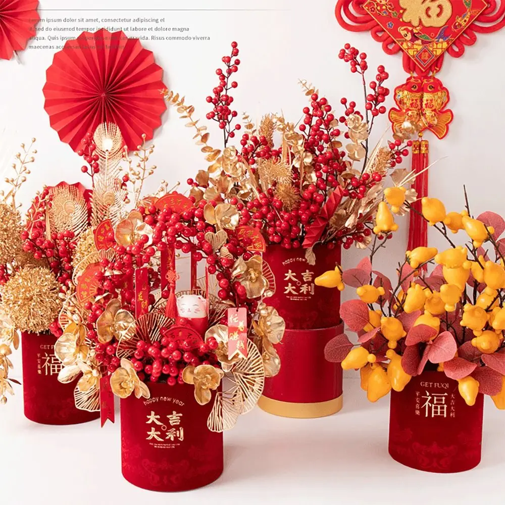 Flannelcloth Fake Flower Bucket Mini Festive Supplies Get Lucky FU Bucket Chinese Characters Household Decoration Wedding