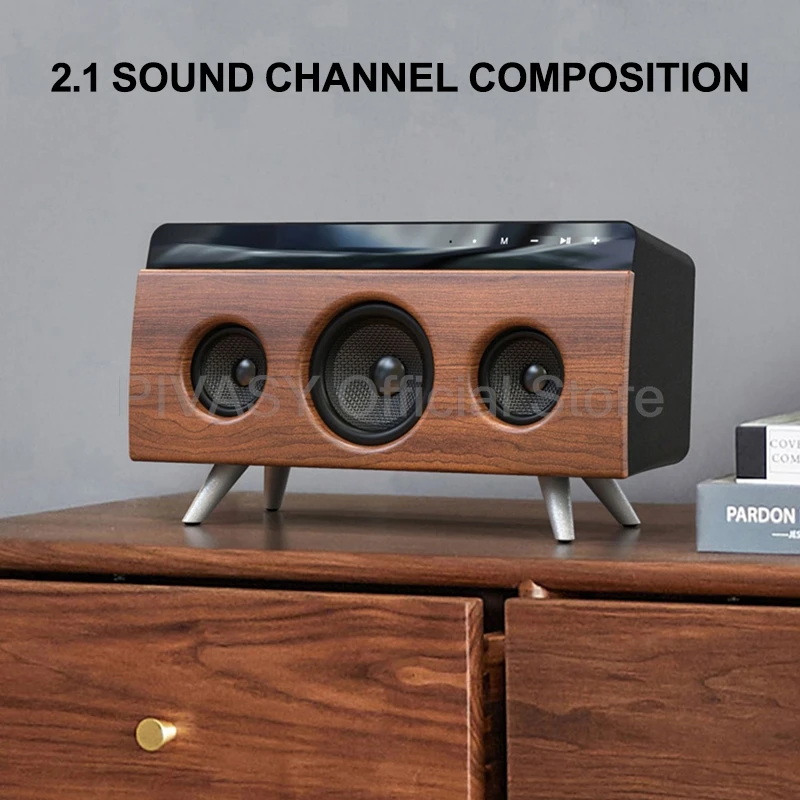 Portable Bluetooth Audio Speaker Stereo Surround Sound Bookshelf Sound Box Wooden Small Household Desktop 3 Horns Subwoofer