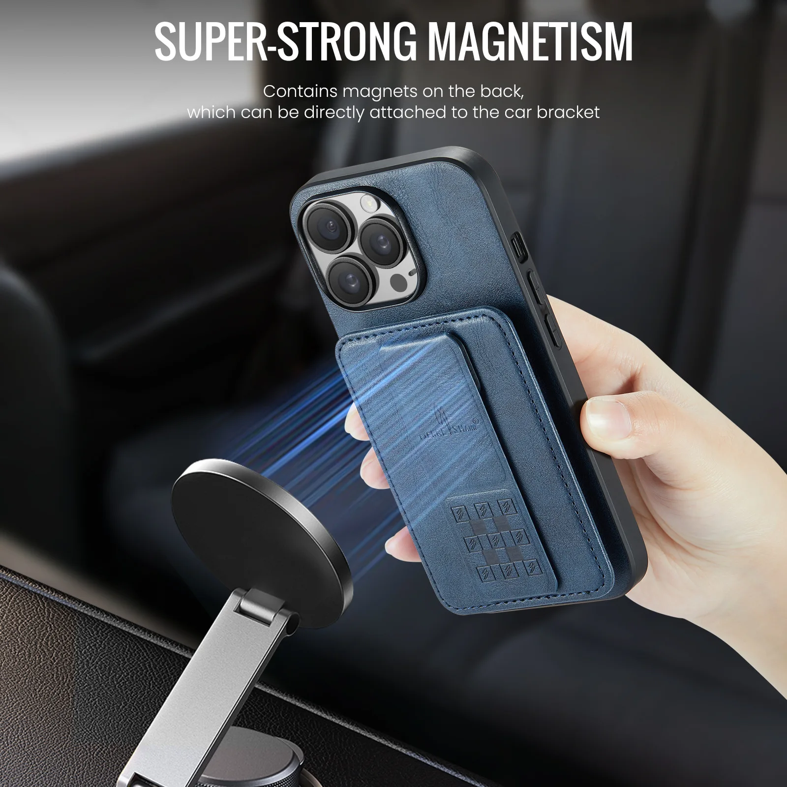 Leather Wallet Card Holder Case with Foldable Hand Band & Magnetic Ring Stand