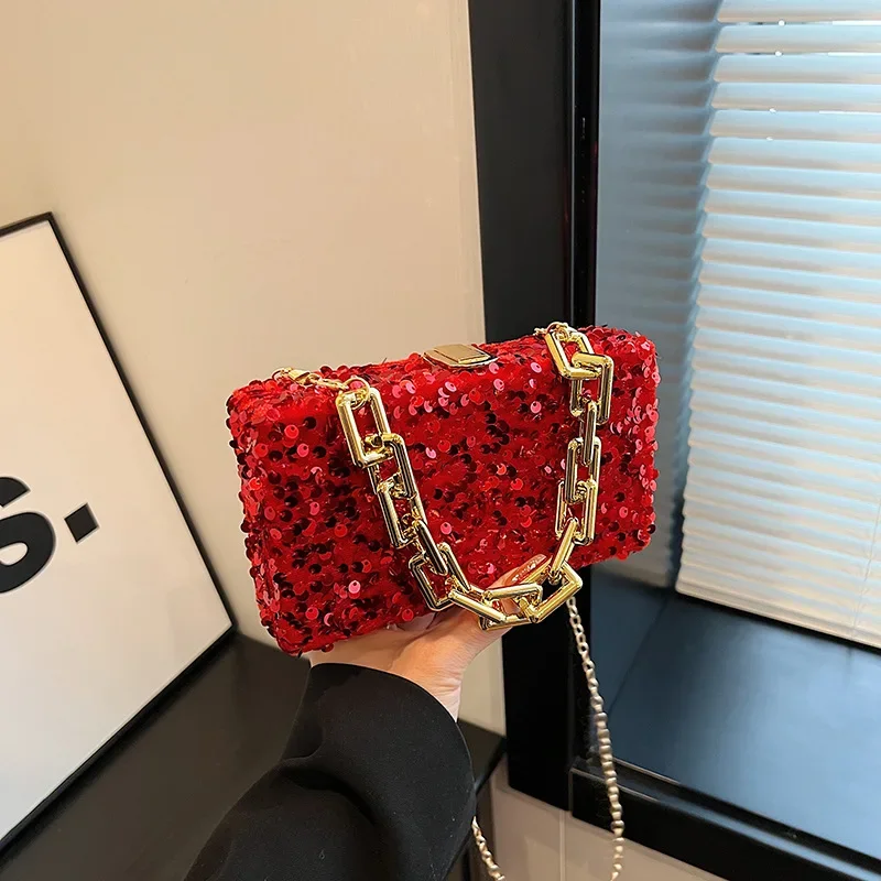 Sequin Women's 2024 New Fashion High Sense Small Square Special-Interest Design Chain Shoulder Messenger Bag