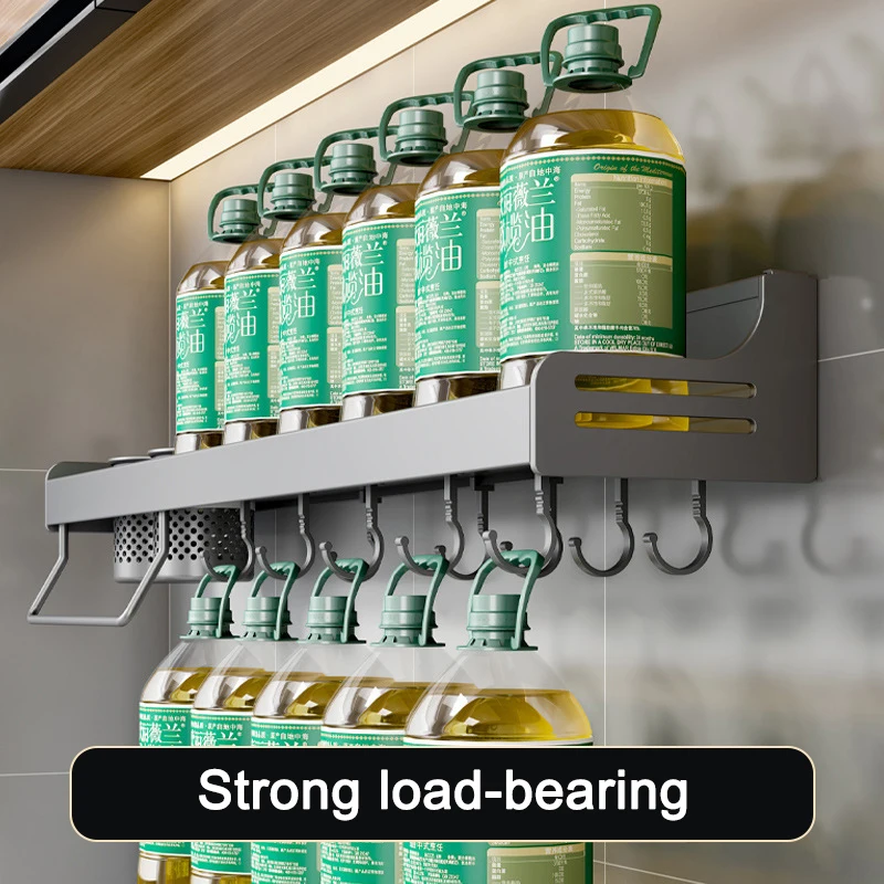 Space Aluminum Wall-mount Kitchen Storage Shelf Punch-free Condiment Knife Spice Rack Multi-functional Household Kichen Organizer