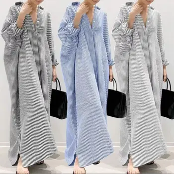 Striped Single Breasted Maxi Dress Cotton And Linen Women Shirt Dress Summer Irregular Hem Long Sleeve Turndown Collar Dress 1