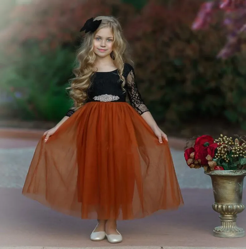 

Long Sleeve A-Line Flower Girl Dress Tulle and Lace Princess Party Pageant Gown First Communion Dress