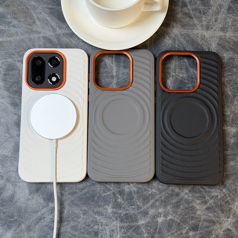 Business Minimalist Ripple Magnetic Lychee Leather Case with Wireless Charging and Anti-Drop Protection