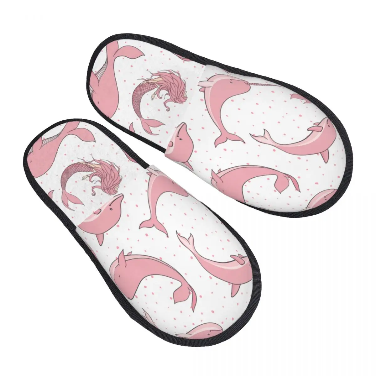 

Fur Slipper For Women Men Fluffy Winter Warm Slippers Pink Whales Mermaids Narwhals And Dolphins On Dotted House Shoes