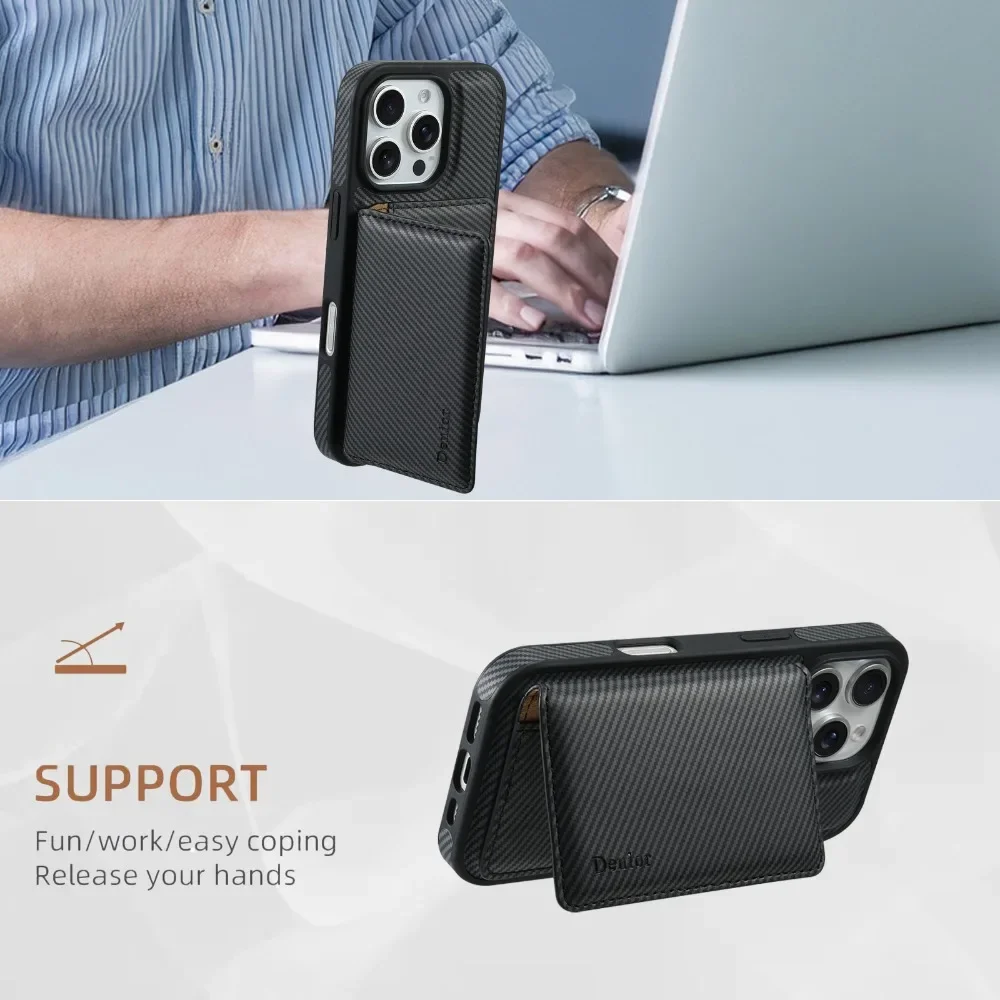 Sleek Carbon Fiber Pattern Detachable Wallet Case with Card Holder & Shockproof Protection