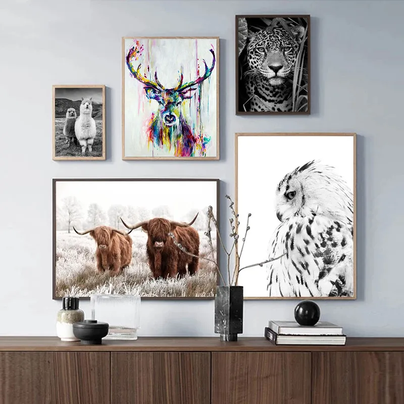 In Bianco E Nero Jaguar Cow Cute Alpaca Animal And Deer Nursery Canvas Painting Poster E Print Picture Decoration