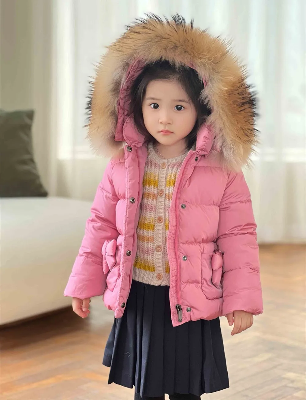 winter clothes kids coat Big fur collar girl's pink sweet down jacket Bow pocket warm down jacket