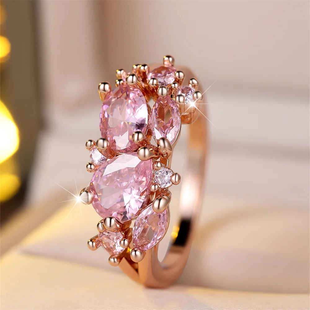 Cute Pink Crystal Water Drop Stone Rings For Women Vintage Rose Gold Color Engagement Ring Wedding Jewelry Bridal Versatile Gift