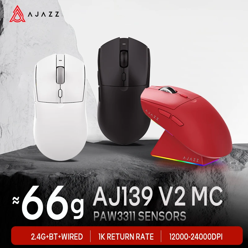 AJAZZ AJ139 V2 MC PAW3311 Wireless Gaming Mouse RGB Magnetic Charging Base 24000DPI Bluetooth/Wired Mice PC Gamer