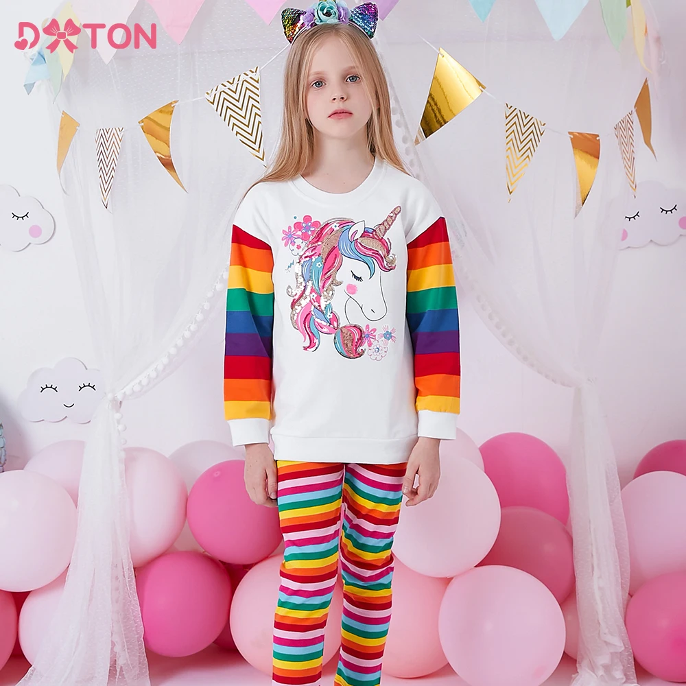 

DXTON Girls Clothing Sets Kids Unicorn Appliqued Cartoon Sweatershirt Tops and Pencil Pants Trouders Children Casual 2 Pcs Suits