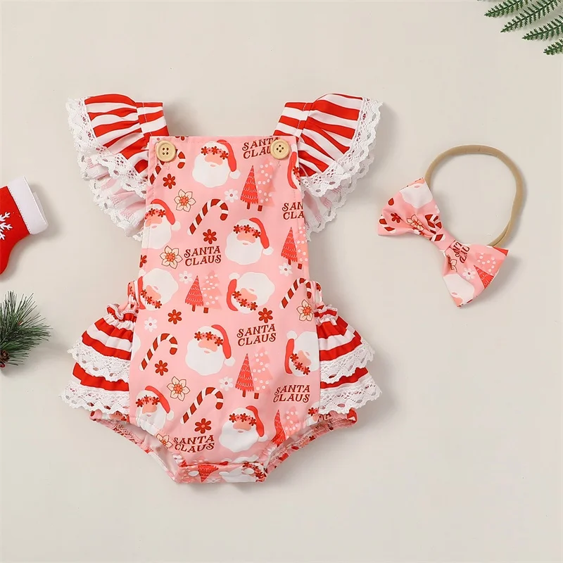 

Christmas 0-2Y Infant Baby Girl Jumpsuit Set Cartoon Candy Cane Print Flying Sleeve Romper + Bow Headband