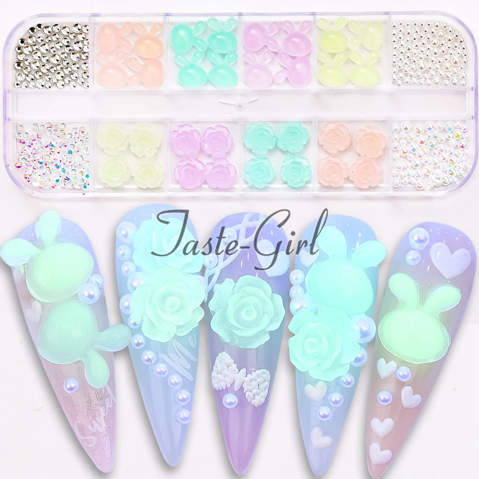 

1 Box Luminous Flower Rabbit Nail Art Decorations Charms Kawaii Nails Accessories Rhinestones Pearl Manicure Decor Supplies Tool