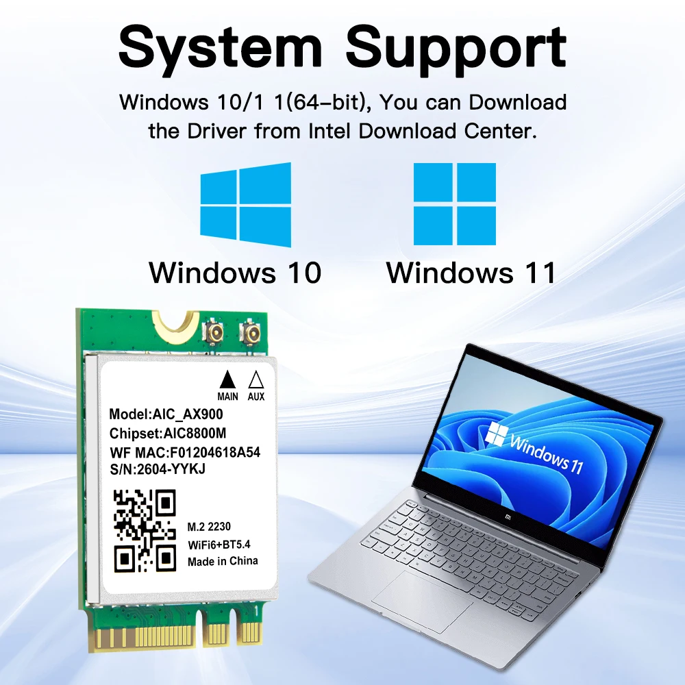 WiFi 6 AX900 BT5.4 M.2 WiFi 카드 2.4G&5GHz 블루투스 5.4 900Mbps 무선 어댑터(윈도우 10/11용 노트북용)