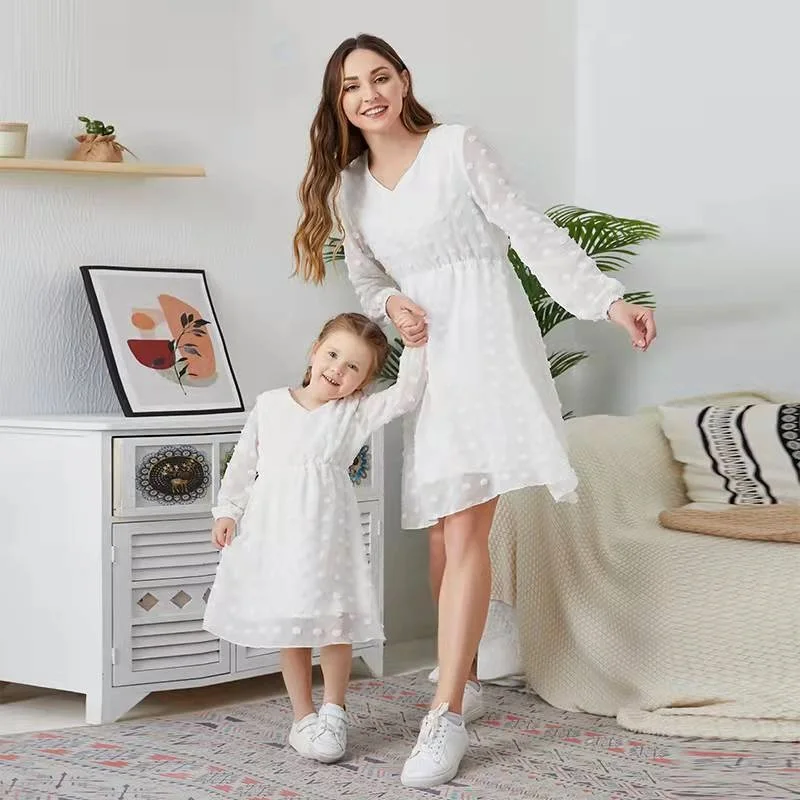 V-Neck Mother Daughter Matching Dresses Family Set Spring Mom Mum Baby Mommy and Me Clothes Fashion Women & Girls Mesh Dress