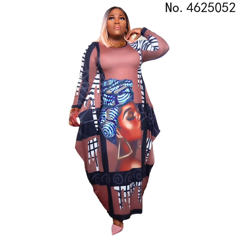 2022 Spring Fashion Style African Women Polyester Printing O-neck Long Dress African Dresses for Women African Clothes 2XL-5XL african suit