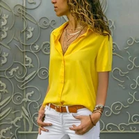 Women Solid White Blouse Tops Office Lady Work Chiffon Button 2023 Summer Short Sleeve Yellow Red Female Blouses Shirts Femme 1