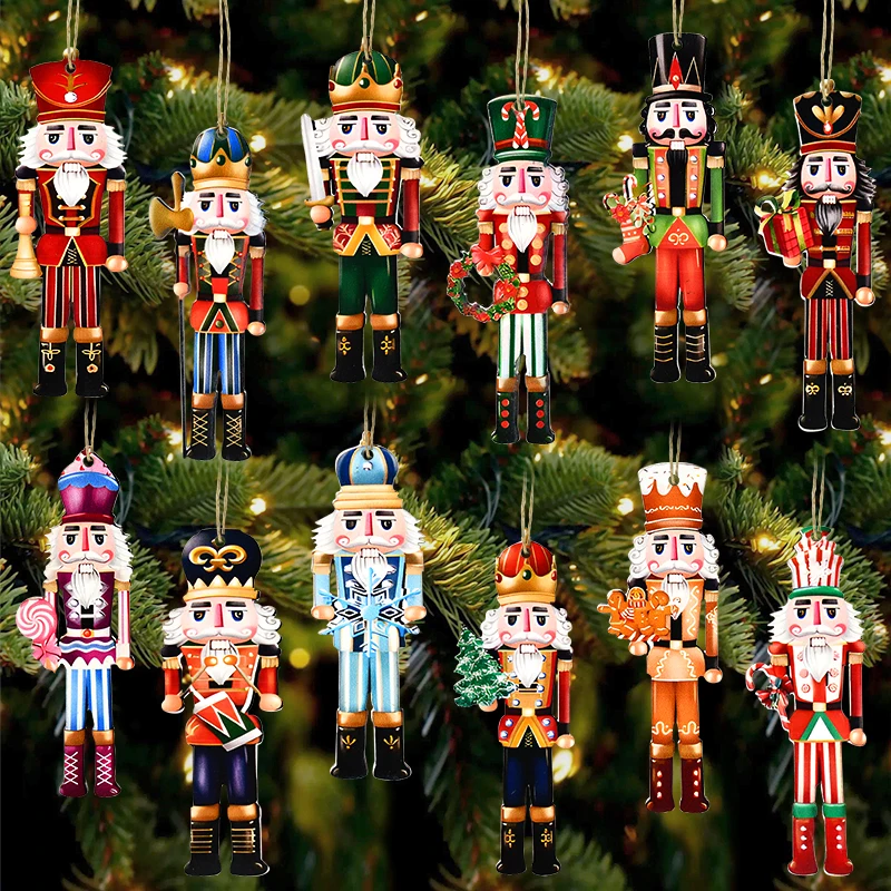 12Pcs Christmas Nutcracker Soldier Wooden Pendant Xmas Tree Hanging Ornament 2024 Navidad Decoration for Home 2025 New Year Gift