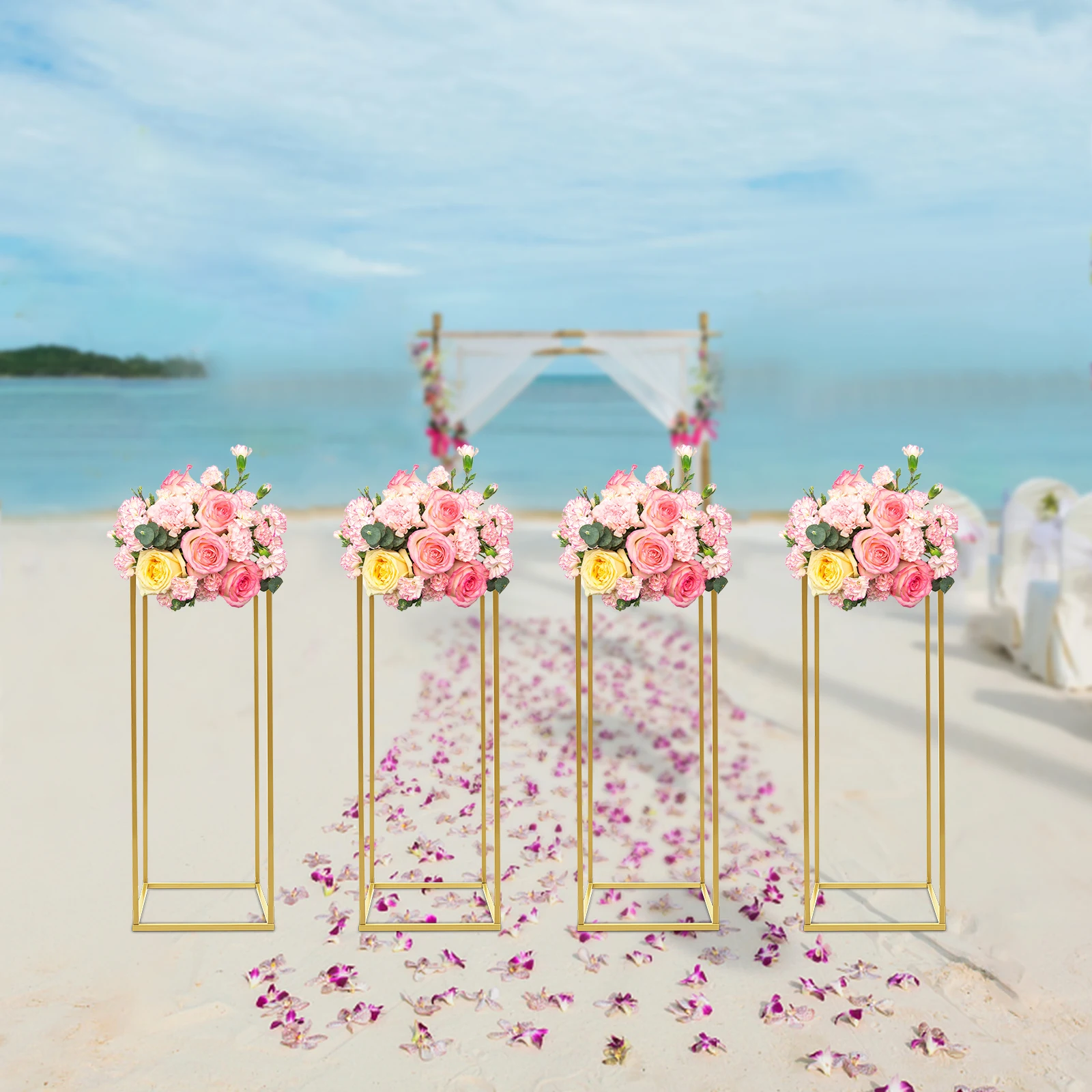 Wedding Vase Geometric Centerpieces 24In Gold Metal Flower Display Stand 4PCs Column Table Holder