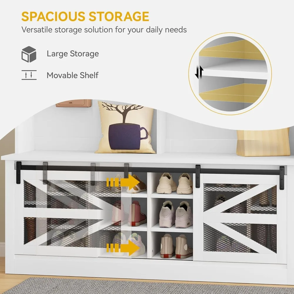 59" wide hall tree with shoe storage, farmhouse entryway bench with coat rack, 16 shoe cubbies with adjustable shelves & 12 coa