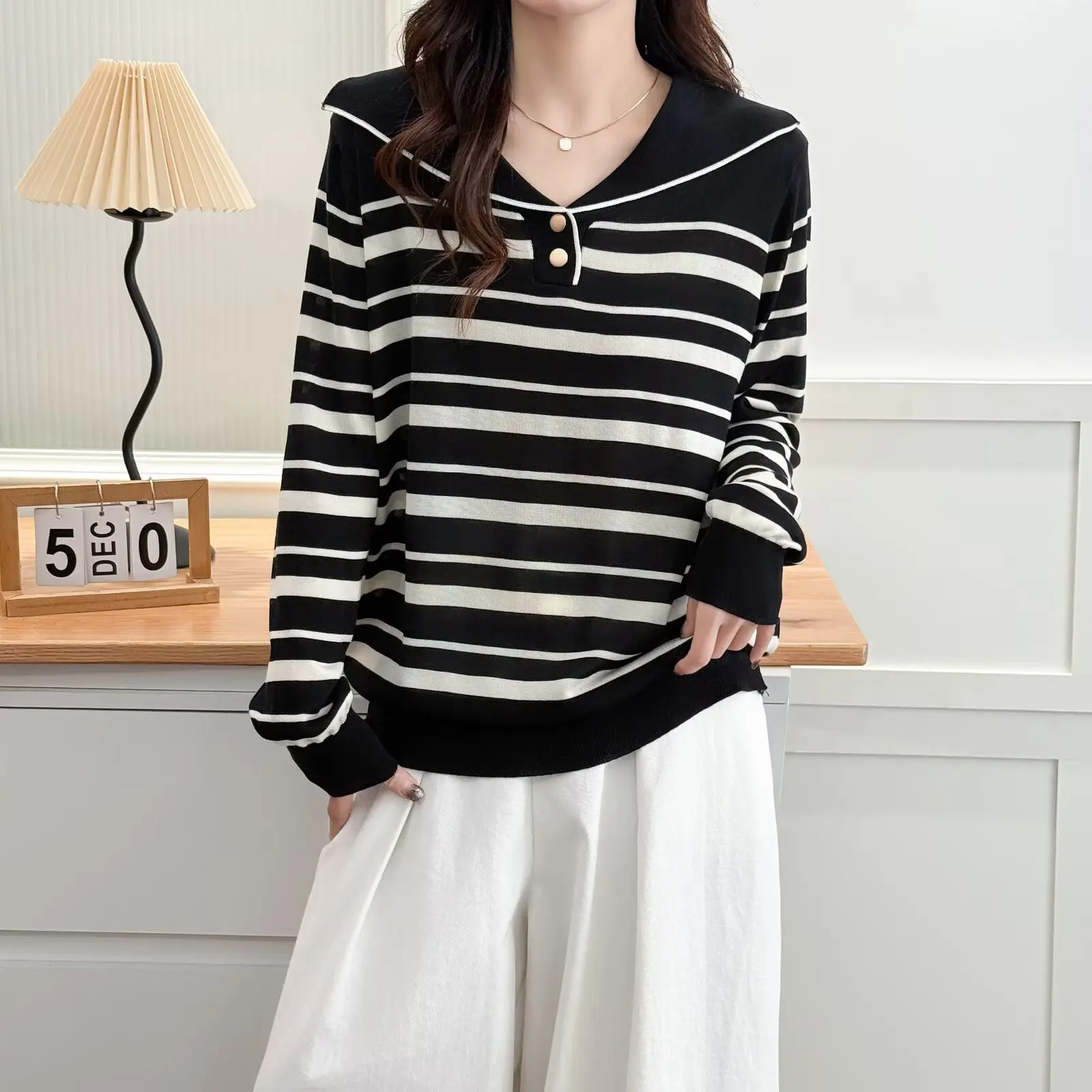 Fashion Plus Size Women's Sweater Autumn Stylish Casual Sailor Collar Striped Knitted Long Sleeve Jumpers 2171