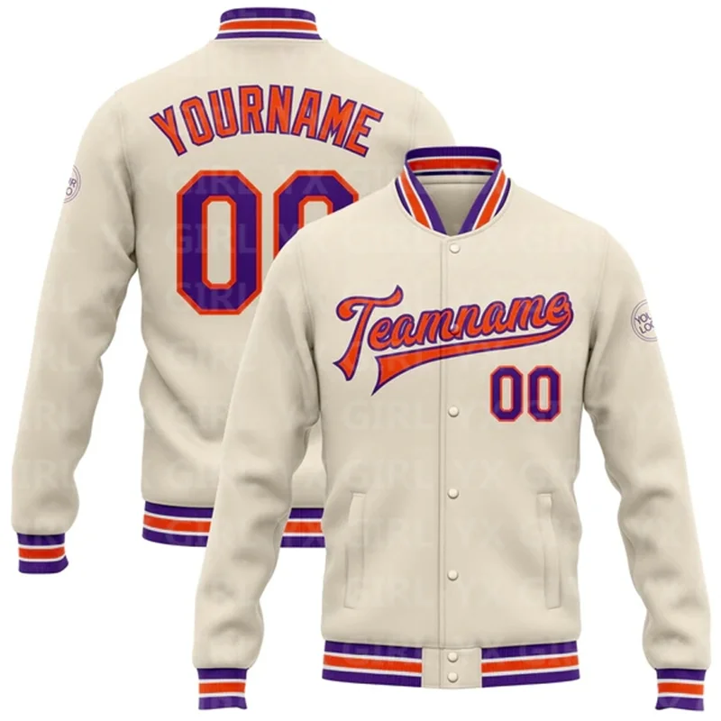 Custom Purple-Orange Bomber Full-Snap Varsity Letterman Jacket Baseball Button Jacket