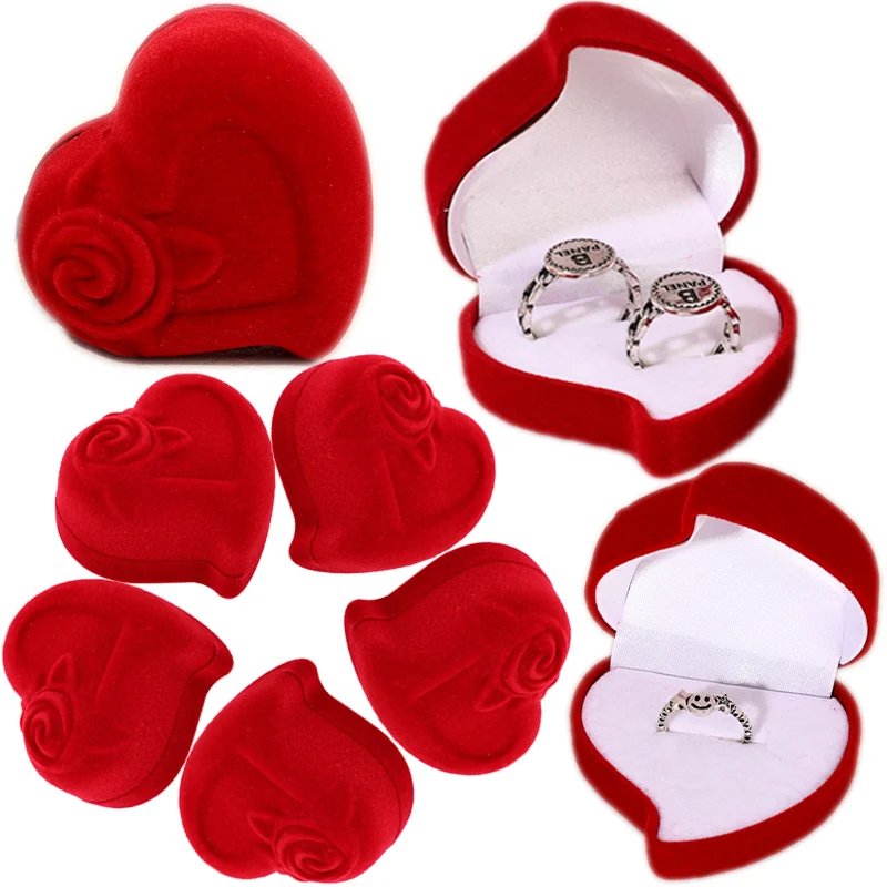 Velvet Ring Box Red Rose Flower Heart Display Design Holder for Lovers Engagement Bridal Wedding Jewelry Organizer Couple Gifts