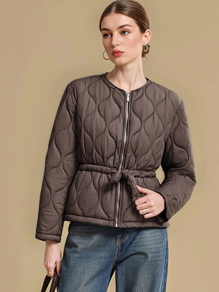 HH Autumn Winter Women Solid Quilted Coats Long Sleeve O Neck Zipper Jacket With Belts Fashion Casual Office Lady Warm Outwear