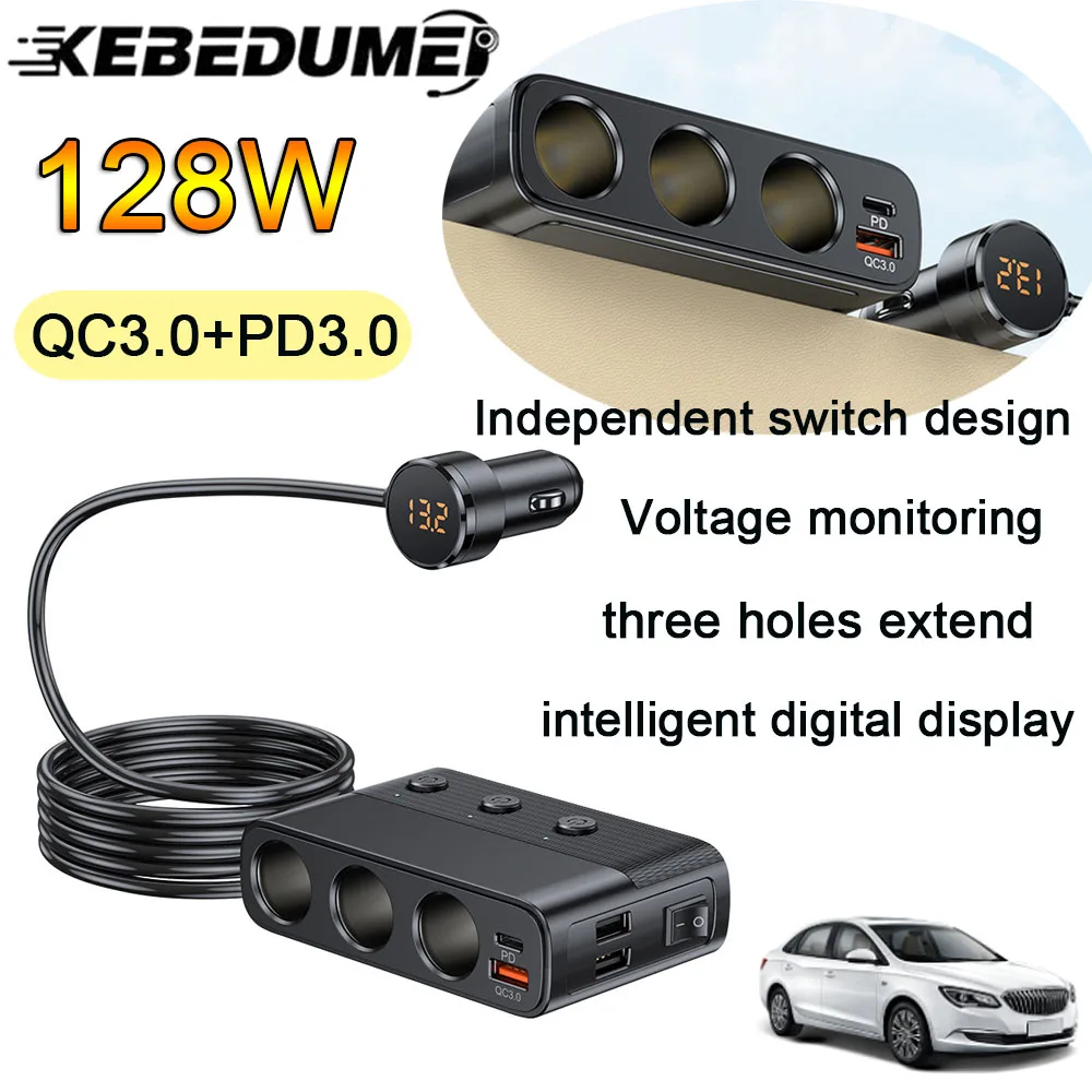 Caricabatterie Auto 7 In 1 Con Splitter Accendisigari, 3 Prese Da 12V/24V, 4 Porte USB (PD 30W E QC3.0), Display LED, Interruttori, Cavo 1m