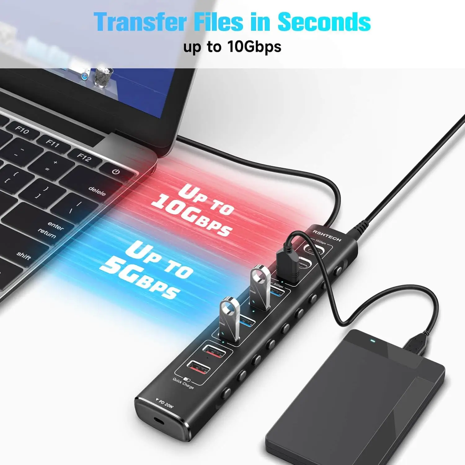 RSHTECH 20W USB C PD Fast Charging 10-Port USB Hub with 10Gbps Data Transfer Aluminum USB Splitter for Laptop PC Computers 3
