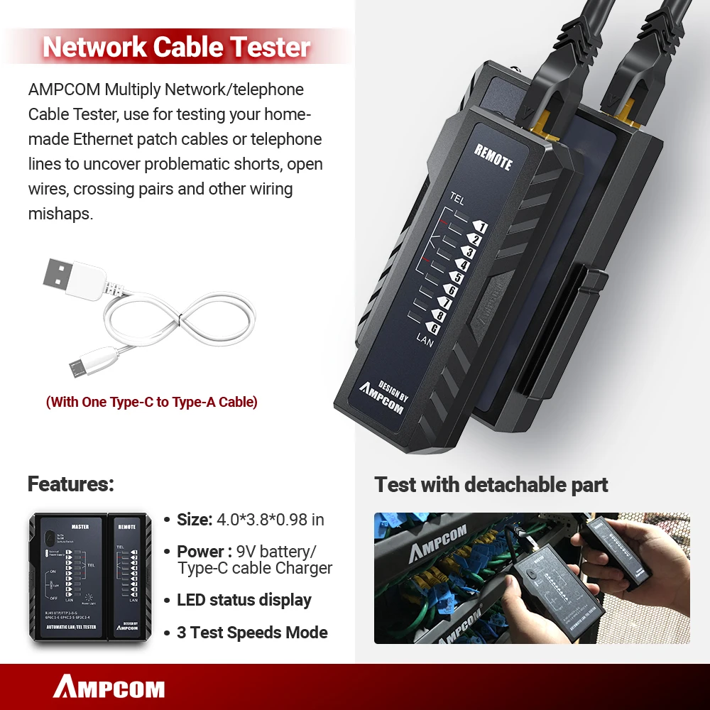 Ampcom Lan Tester Tool Grupo Cabo Ethernet Stripper Punch Down Tool Crimper Conectores 12 em Rj45 rj 45 Rj11 - Imagem 4