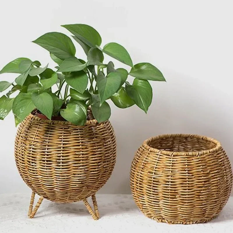 Hand-woven Oval Pumpkin Basket Desktop Sundries Storage Jar Lid Imitation Rattan Retro Storage Wicker Basket Plant Flower Basket 3