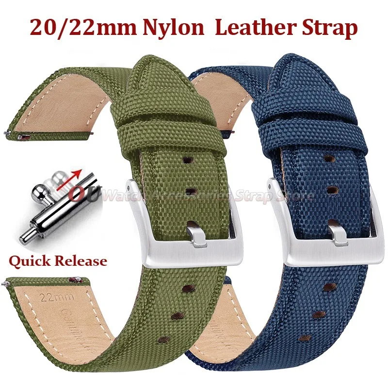 Versatile Nylon Canvas Leather Watch Strap - Quick Release, Seven Colors, Sport Soft Band