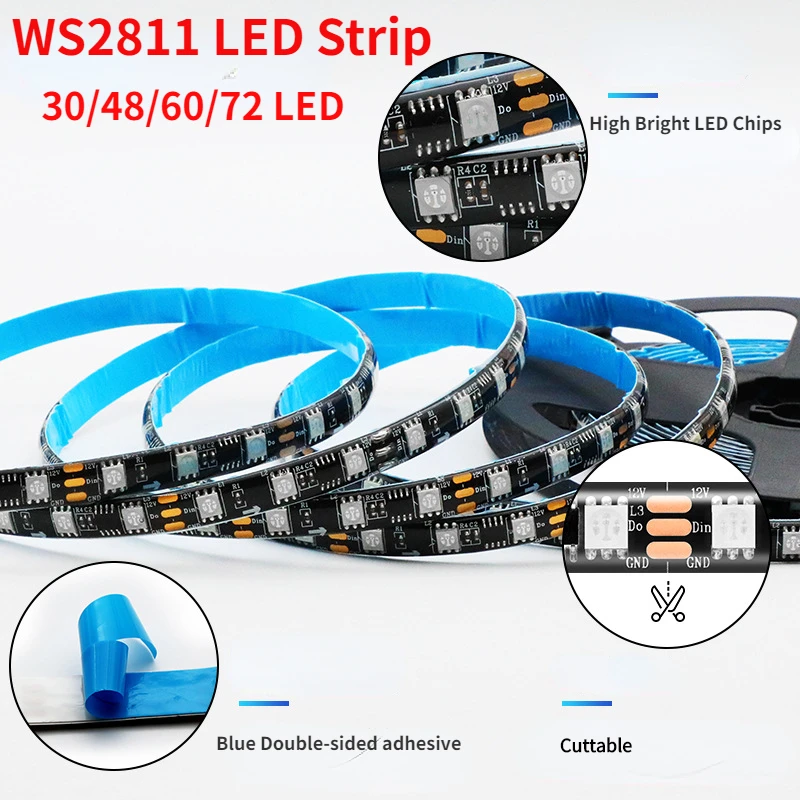 

New DC12V WS2811 RGB Led Strip Light SMD5050 Addressable 30 48 60 72 LEDs External 1 IC Control 3 Leds High Bright Led Lights